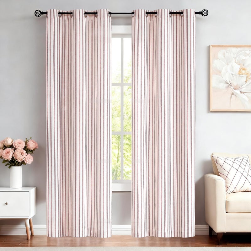 Randall Rustic Style Farmhouse Semi-Sheer Tcking Stripe Curtain Light Filtering Luxury Soft Grommet Linen Blend Yarn Dyed Heavy Window Drape for Living Room/Nursery,2-Pack 40" Wx84 L,Red/White - Image 1